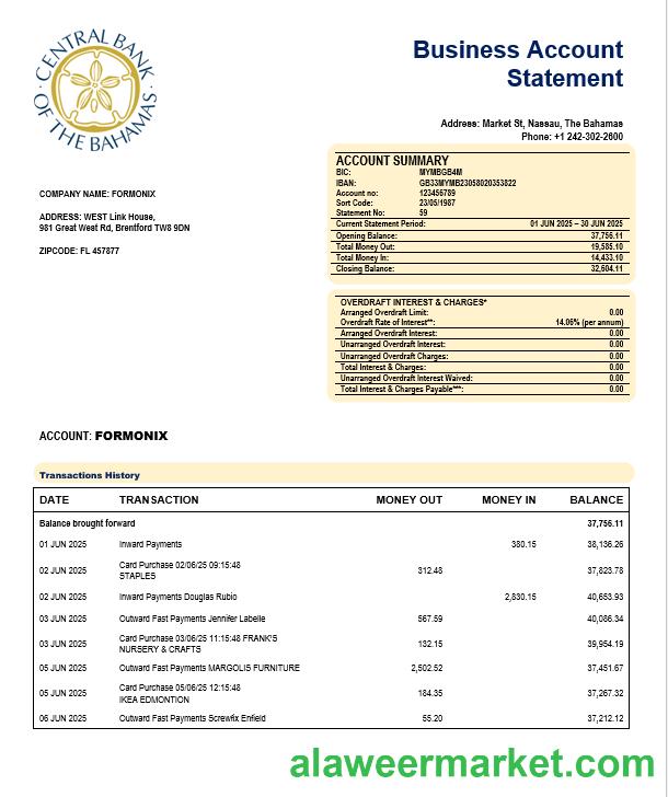 The Central Bank of Bahamian enterprise account statement Word and PDF template